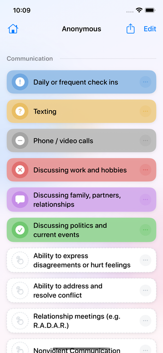 Mobile app screen titled “Anonymous” showing a list of communication preferences in a relationship menu. Items include: "Daily or frequent check ins" (blue), "Texting" (yellow), "Phone / video calls" (gray), and "Discussing work and hobbies" (red). Other options include discussions on family, politics, and conflict resolution, each with distinct icons and pastel background colors indicating different statuses or preferences.