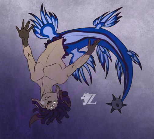 Azul, a nonbinary caprine with tawny-colored fur and a white patch on their left cheek, swims with whimsy as a merfolk. They have the bottom half of a nudibranch, bright blue with lighter blue and violet highlights along the length of the body and the wing-like fins on each side. The purples in particular are the same as that of the locs of their hair. They also have a pair of horns, one of which curls around, the other reaching out to the side.