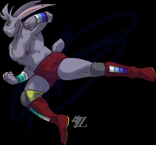 Kanin, a male anthropomorphic rabbit, leaps in the air about to perform a Superman punch on an unseen opponent. He is gray in color from head to toe, with blue eyes, rainbow piercings on his right ear, and two barbell piercings on his left nipple. He wears red trunks and boots, with gray knee pads. His wristbands and kick pads are in the colors of the trans-inclusive gay flag.