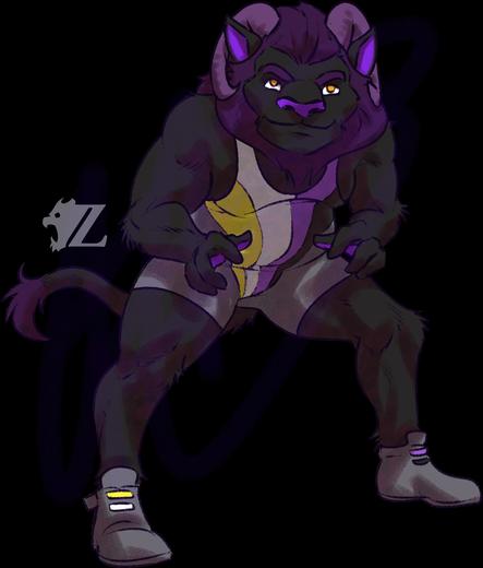 Nyx Allocer, an incubus, crouches as they prepare to grapple with the viewer. They are black furred with a deep violet mane, chubby in build but with strong arms and legs. They look at the viewer with golden eyes, lighter purple horns curling around large, attentive ears. They wear a gray wrestling singlet with four strips with the colors of the nonbinary flag swooping from the chest down to the crotch. They also wear gray shoes with laces in those same colors.