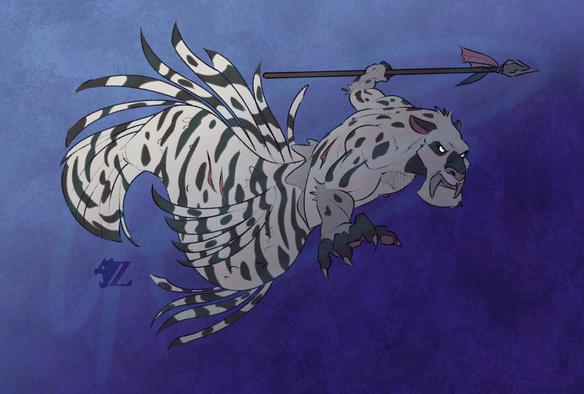 Victor, the sabertooth tiger, is now a merman combined with a lionfish. He is primarily white with black stripes, and a few scars on his back and side. He is gritting his teeth as he darts towards something off-panel, spear in hand as he is on the hunt.