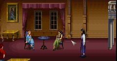 A screenshot from Clocktower for the SNES. player character Jennifer, on the right, is in a large and opulent foyer with her friends, who are sat on chairs. A red head girl is also seen in the foreground next to a table.
A small arrow cursor can be seen in front of Jennifer.