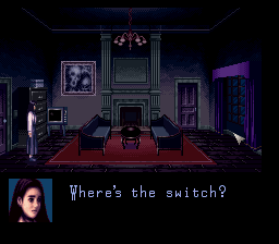 A screenshot from the SNES Version of Clocktower. It shows Jennifer in a dark living room, she is asking where the light switch is.

In the background is a weird and creepy painting and near a fire place.