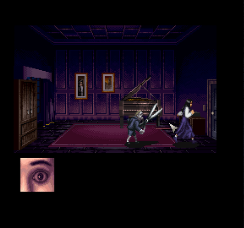 A screenshot from the SNES version of Clocktower.  Jennifer is fleeing from the Scissorman, the games main antagonist. A small deformed child-like figure with a massive pair of scissors.