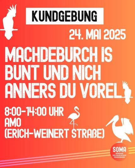 Machdeburch is Bunt und nich anners du Vorel🦜

Vom 23. - 25.05.2025 trifft sich die gesichert rechtsextreme AfD Sachsen-Anhalt zu ihrem Landesparteitag im AMO Kulturhaus in Magdeburg. Das lassen wir nicht unbeantwortet. 

Wir zeigen Gesicht gegen Rassismus, gegen rechtsextreme Hetze und für Vielfalt. 🌈✨

Kundgebung vom Bündnis Solidarisches Magdeburg 📢
u.a. mit unserer Landesvorsitzenden Suse @sziborraseidlitz
24.5.2025, vor dem AMO📍
Ab 8:00 Uhr 🕰️ 
-
-
-
#magdeburg #antifaschismus #bunt #solidarität #springvibes