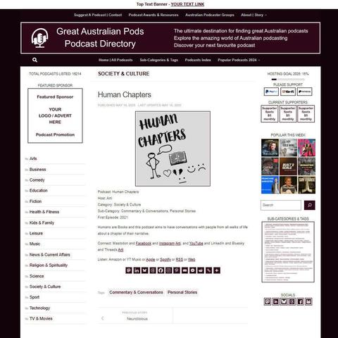 Human Chapters
Screenshot of the podcast listing on the Great Australian Pods website