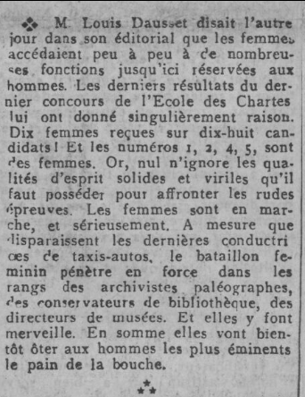 Article de Comoedia du 2 mars 1929, sur la présence des femmes au concours d'entrée de l'école des Chartes. Gallica : https://gallica.bnf.fr/ark:/12148/bpt6k76486861/f1.item