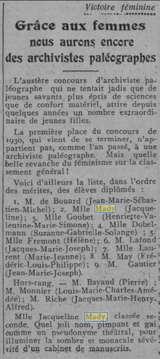 Article dans Comoedia, 14 mars 1930, sur la présence des femmes au concours d'entrée de l'école des Chartes. Gallica : https://gallica.bnf.fr/ark:/12148/bpt6k76482234/f1.item