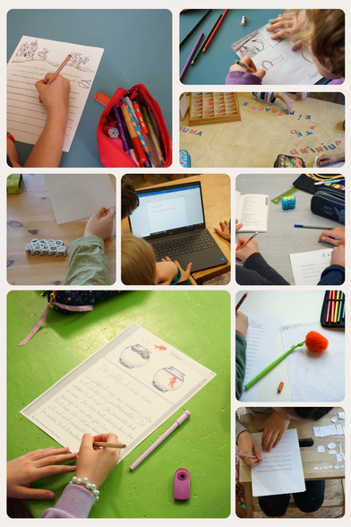 Collage aus neun Fotos, die Kinder beim Schreiben, Zeichnen und kreativen Arbeiten zeigen. Sie schreiben Geschichten auf Papier und am Laptop, gestalten Texte mit bunten Stiften, bearbeiten Wortspiele, Anagramme und Poesieblätter. Materialien wie Würfel mit Symbolen, Buchstabenplättchen, bunte Stifte und ein flauschiger Schreibstift unterstreichen die fantasievolle Atmosphäre des Geschichtenschreibtags.