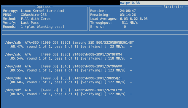 Screenshot of nwipe clearing my old NAS HDDs
