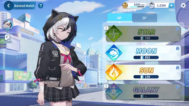 Screenshot from the Ranked Match joining screen from Riichi City. It shows the character Enomiya Mio on the left and the Moon and Sun rooms available on the right.