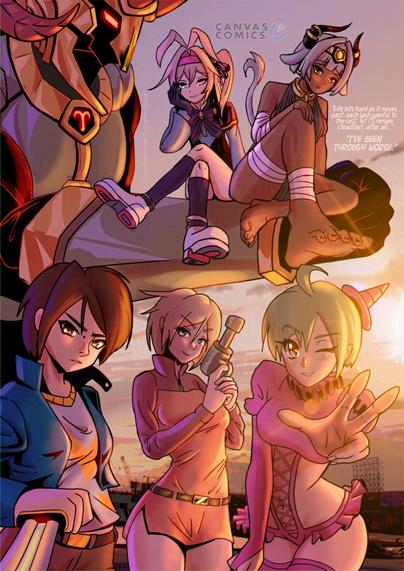 Vertical poster of a scene depicting sunrise in the docks. Depicting 5 ladies and a rock giant. Three women are in the foreground:
- A brunette in a blue jacket posing with a glowing knife aimed before her.
- A green haired witch in a skimpy magenta one piece dress.
- A blonde agent wearing an orange one-piece star trek like dress

They are:
- Nikki Shore - Private Eye, working from the streets of Bellvue, solving crimes and doing the dirty work ...For a price.

- Fareena Ravenhart - Magical Witch Girl, hero helping the people of Nightingale with whimsical magic while gripping with her dark side.

- Luna Aurora from McConnors and O'Bannon - Agents of SEELE, dedicating their lives to keep the peace between the extraterrestrial and the supernatural.

Behind them is a giant humanoid in profile view holding out one fist before himself. Wearing iron chest plate with gold pauldrons & accents, wearing a ram  themed helmet.

Sitting on its forearm are two girls:
- A blonde girl in vaguely lolita dress smiling smugly as she looks at the camera
- A dark skinned silver haired human girl with bovine tail & horns wearing a gold headband & black dress.

- the giant is from "Seizar", a kyodai hero story where a young man transforms to the titular giant to fight zodiac themed kaiju. The dark skinned girl Gugalanna "anna" is the main heroine.
- the blonde girl— Alyss is from Marchen Kousen, a reverse-isekai where public domain fantasy characters come into "our" world to fight each other in a 