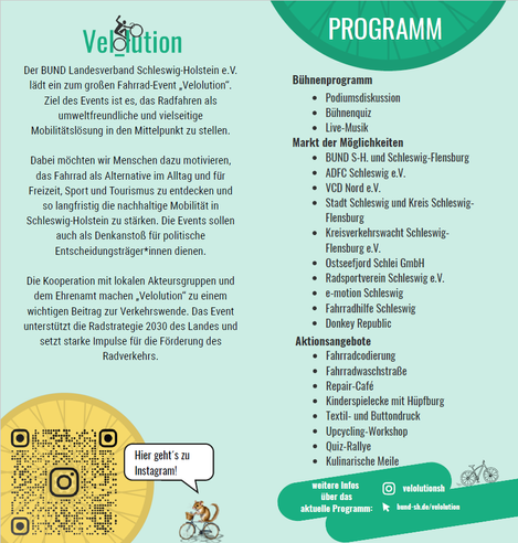 Sharepic Velolution Schleswig.
Bühnenprogramm, Markt der Möglichkeiten, Aktionsangebote