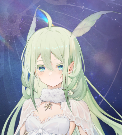 Screenshot of Hizuki, a character from Riichi City. She has long light green hair and blue eyes, and is wearing a white dress.