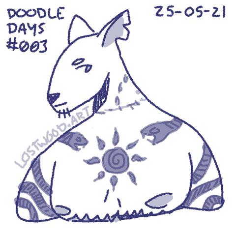 A simple monochrome drawing of Stray, a large dog anthro. He has pointed ears, a scruffy beard, and is drawn from the chest up. He has tattoos on his arms and chest - a sun on his chest, and a snake crawling up each arm. He also has top surgery scars, several scars on his neck, and several tears in his ears. 
Text at the top left reads "doodle days #003" and text in the top right dates the drawing to 25-05-21.