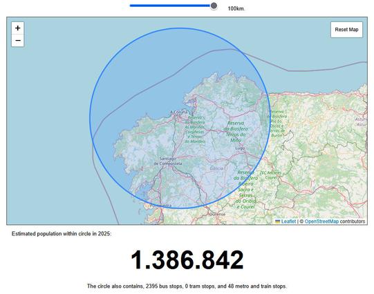 1387000 de persoas viven a menos de 100 km do aeroporto de Coruña.
