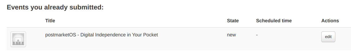 Screenshot from the FrOSCon 2025 Call for Participation system showing the item "postmarketOS - Digital Independence in Your Pocket" in state "new".