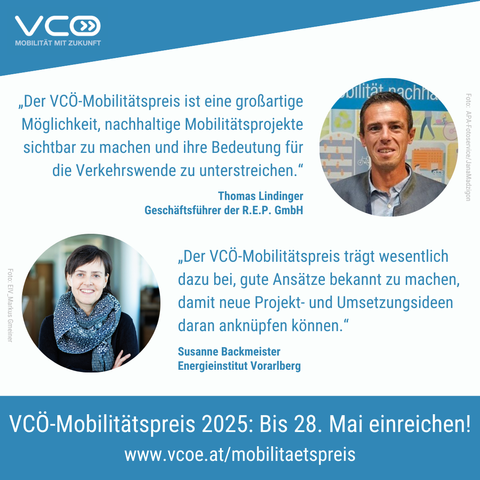 Sujet zeigt zwei  Zitate  zum  VCÖ-Mobilitätspreis von Thomas Lindinger und Susanne  Backmeister, die jeweils beim VCÖ-Mobilitätspreis bereits gewonnen haben