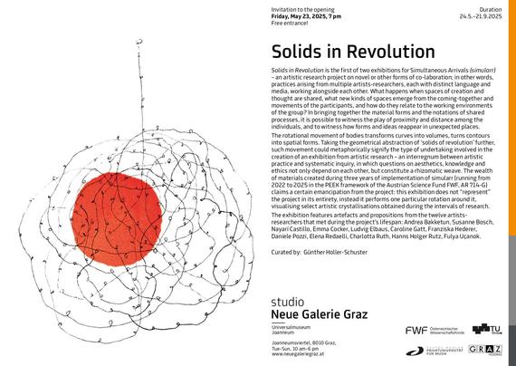 two column postcard with a motif made of a wire drawing and a red spot on the left, and text on the right hand side (title and programme note). Invitation to the opening, Friday, May 23, 2025, 7 pm. Free entrance. Duration 24.5.–21.9.2025. Studio, Neue Galerie Graz.