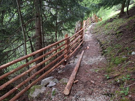 A rustic wooden fence made of stripped logs lines a narrow forest path on a sloped hillside. The fence follows the curve of the trail, supported by vertical posts and several horizontal rails. One log lies on the ground, ready for installation. The surrounding area is densely wooded with coniferous trees, and the forest floor is covered in moss, rocks, and wood shavings.