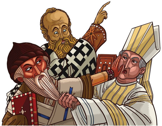 An cartoon of three bishops arguing, pulling each other's beards and pushing each other in the face.