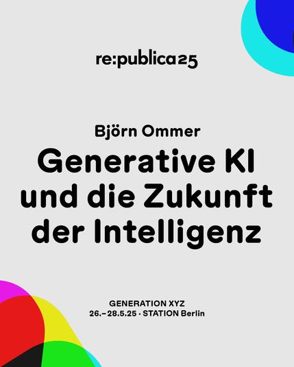 Das Visual zeigt den Titel der Session "Generative KI und die Zukunft der Intelligenz". An den Seiten sind grafische Elemente aus dem diesjährigen Logo GenXYZ zu sehen. Darunter ist das Datum sowie die Location der republica 25 platziert