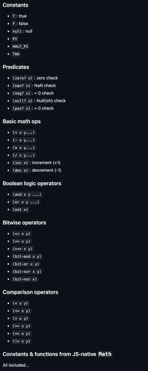 Screenshot excerpt from the project readme, listing basic core language features...