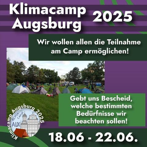 Klimacamp Augsburg 2025

Wir wollen allen die Teilnahme am Camp ermöglichen

Gebt uns Bescheid welche bestimmten Bedürfnisse wir beachten sollen.

18.6.-22.6.
