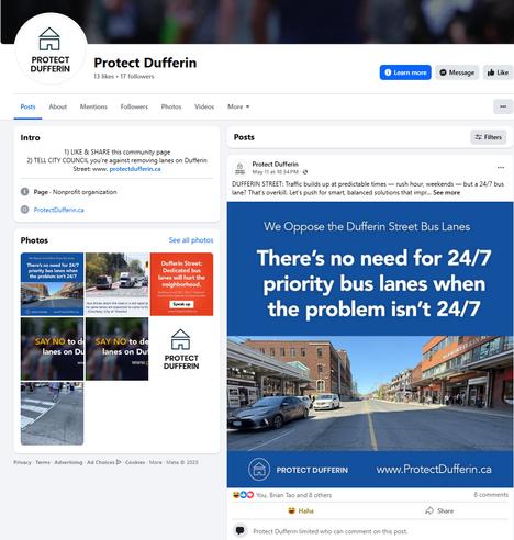 A screenshot of the "Protect Dufferin" Facebook page which shows the last post being on May 11, 2025.