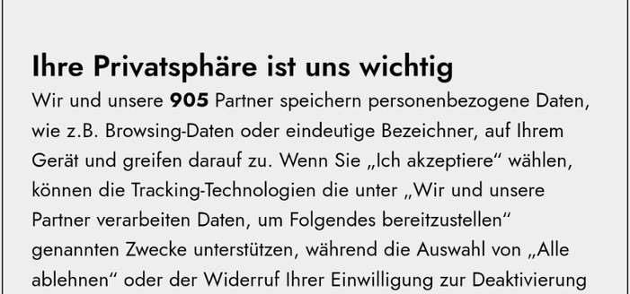 Cookie Banner, das vor 905 Parntern warnt