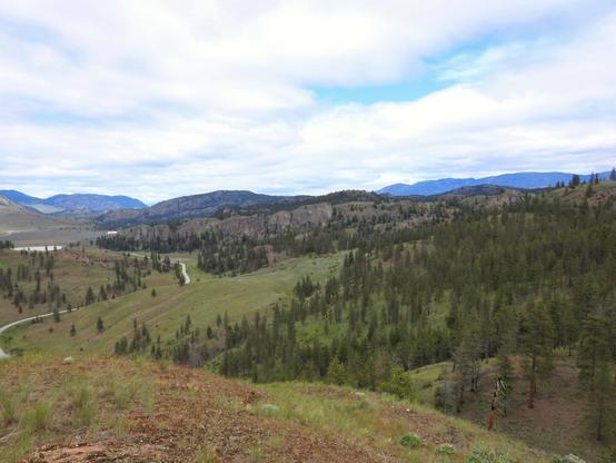 A view from a high hilltop of a rolling landscape. On the right is a winding river, with grasslands sloping down towards it; on the left, where the terrain rises into small mountains, pine and fir trees cling to higher elevations. The sky is overcast but still fairly bright.