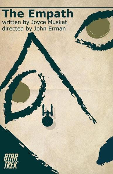 A poster for Star Trek episode The Empath, featuring a large drawing of a sad face, with a silhouette of the Enterprise flying downward as a tear.