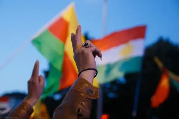 Das Foto zeigt zwei ausgesteckte Arme, die Hände zeigen das Zeichen für Sieg. Im Hintergrund die Fahne von Rojava und die Kurdische Fahne