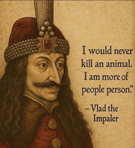 A imagem apresenta um retrato de Vlad o Impalador, um personagem histórico conhecido por sua figura controversa. Ele está vestido com uma roupa de época, incluindo um chapéu vermelho adornado com uma grande pluma e uma faixa de contas, e uma capa vermelha com botões dourados. Seu cabelo é longo e ondulado, e ele tem uma barba e bigode. O fundo da imagem é de um tom amarelado, simulando um papel antigo.

Ao lado do retrato, há uma citação atribuída a Vlad o Impalador: "Eu nunca mataria um animal. Sou mais uma pessoa de pessoas." A citação é escrita em uma fonte serifada, destacando-se contra o fundo.