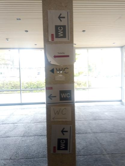 ein Haufen Hinweisschilder an einer schlanken Säule nach links in Richtung Toilette oder WC weißen, das obere und untere sind hochkant und würden eigentlich gerade aus weisen.