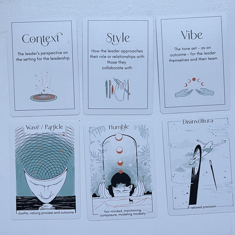 Six cards are shown from the Leadership Tarot deck. The text on the six cards is as follows in order from top left to bottom right.  Context - the leader’s perspective on the setting for the leadership  Style - How the leader approaches their role or relationships with those they collaborate with  Vibe - The tone set - as an outcome - for the leadership themselves and their team Wave / Particle - duality, valuing process and outcome Humble - fair-minded, maintaining composure, modeling modesty Disinvoltura - relaxed precision