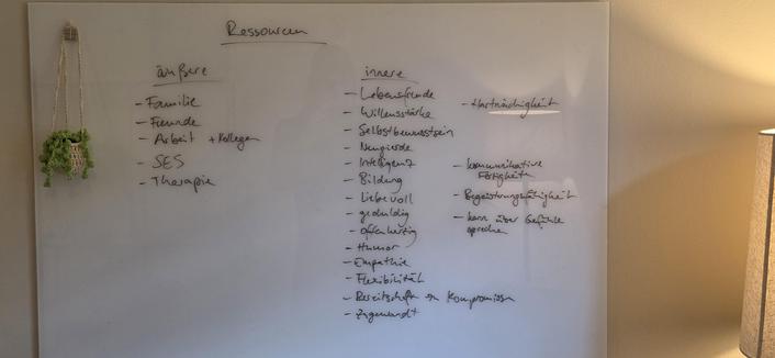 Ressourcen
Außen
Familie, Freunde, Arbeit /Kollegen, Soziale Existenzerhaltendes System, Therapie

Innen
Lebensfreude, Willensstärke, Selbstbewusstsein, Neugierde, Intelligenz, Bildung, Liebevoll, geduldig, offenherzig, Humor, Empathie, Flexibilität, Bereitschaft zu Kompromissen, Zugewandheit, Hartnäckigkeit, kommunikative Fähigkeiten, Begeisterungsfähigkeit, kann über Gefühle sprechen