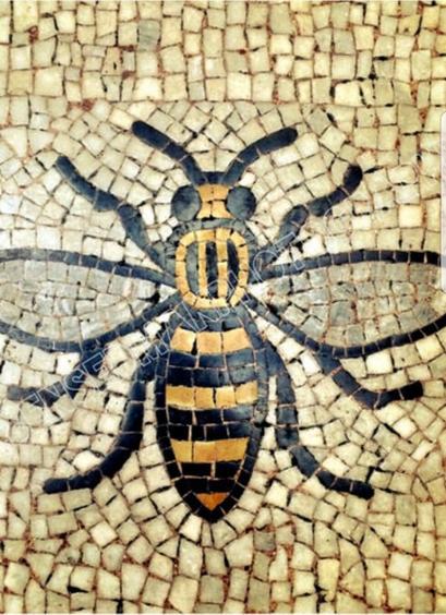 Image of a mosaic design. A black and yellow Bumblebee made with tiles, is surrounded by light brown and off-white tiles.