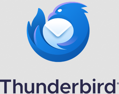 Logotipo de Thunderbird. Un pájaro de color azul enroscado alrededor de un sobre de correos y el nombre de la aplicación