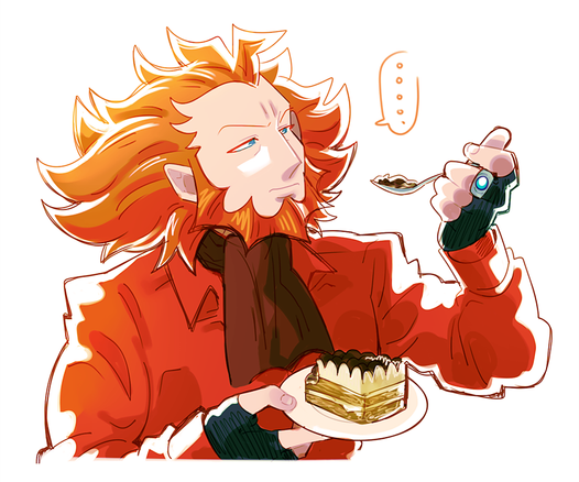 A digital sketch of Lysandre from Pokémon X&Y holding up a spoonful of tiramisu to his face so he can judge it.