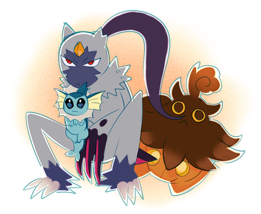 A digital sketch of a little Vaporeon being held by the ruff by a Sneasler, with a big Pumpkaboo behind them.