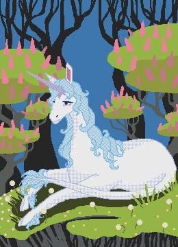 A unicorn (specifically the Unicorn/Lady Amalthea from The Last Unicorn movie, based on the book by Peter S. Beagle) rests on a mossy mound surrounded by lilac bushes, trees, and small blossoms. The uicorn is white with blue hair and a purple horn and eyes, the grass and moss are green, as well as the bulk of the trees behind her. The flowers on the trees are pink while the ones on the mound are dandelion tufts and small pink and yellow blooms.