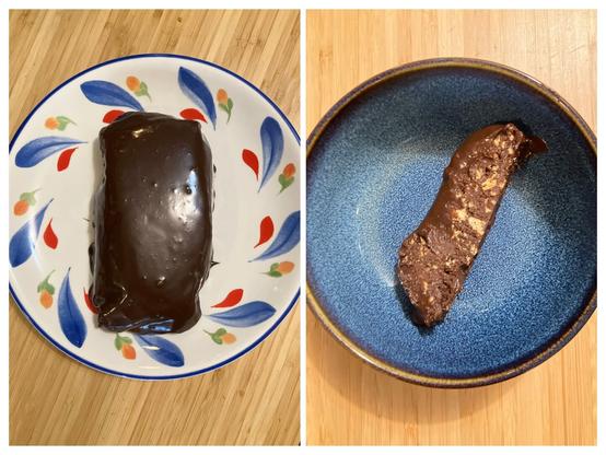 A collage of the ganache covered cake and a slice showing the biscuits.