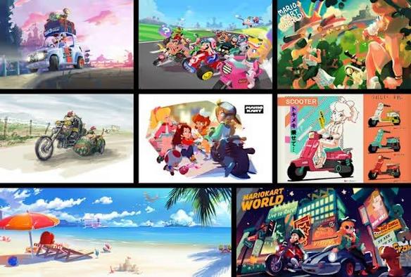 Lots of concepts for Mario Kart World showing different characters and areas