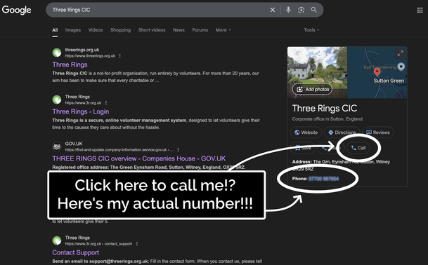 Google Search results page for 'Three Rings CIC', showing a sidebar with information about the company and including... my personal mobile number (faked and blurred in this screenshot) and a 'Call' button that calls it!
