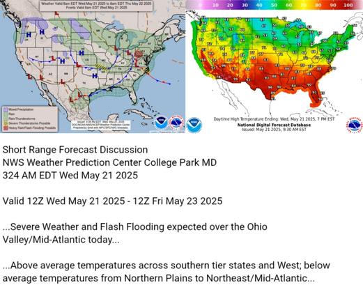 Valid 12Z Wed May 21 2025 - 12Z Fri May 23 2025

...Severe Weather and Flash Flooding expected over the Ohio
Valley/Mid-Atlantic today...

...Above average temperatures across southern tier states and West; below
average temperatures from Northern Plains to Northeast/Mid-Atlantic...