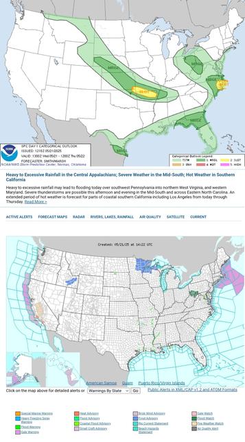 Heavy to Excessive Rainfall in the Central Appalachians; Severe Weather in the Mid-South; Hot Weather in Southern California
Heavy to excessive rainfall may lead to flooding today over southwest Pennsylvania into northern West Virginia, and western Maryland. Severe thunderstorms are possible this afternoon and evening in the Mid-South and across Eastern North Carolina. An extended period of hot weather is forecast for parts of coastal southern California including Los Angeles from today through Thursday.