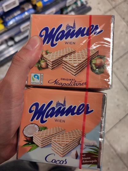 A photo of two packs of Manner Snacks