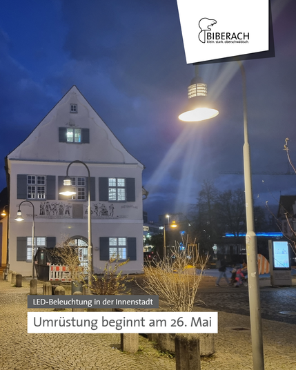 LED-Beleuchtung in der Innenstadt: Umrüstung beginnt am 26. Mai. Bild zeigt eine der aufgerüsteten Lampen am Viehmarktplatz.