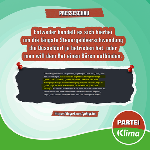 Zu sehen ist ein Ausschnitt aus dem Artikel der Rheinischen Post. Darüber steht „Entweder handelt es sich hierbei um die längste Steuergeldverschwendung die Düsseldorf je betrieben hat, oder man will dem Rat einen Bären aufbinden.